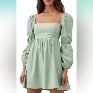 Square Neck Sage Green Puff Sleeve Mini Dress